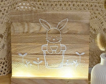 Bild mit Beleuchtung aus Holz, Hase im Blumentopf