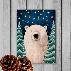 Postkarte mit winterlichem Bär, Eisbär, Tannenbäume, Wald