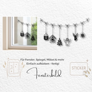 May include: Black and white Christmas window stickers featuring a garland with hanging ornaments. The ornaments include a candle, house, Christmas tree, angel, reindeer, and snowflake. The text "STICKER" is also visible.