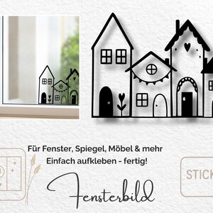 May include: Black and white house-shaped window stickers. The stickers feature various house designs with windows, doors, and decorative elements. The image also includes text in German: "Für Fenster, Spiegel, Möbel & mehr" and "Fensterbild".
