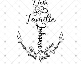 Op de afbeelding: Zwart-wit grafisch ontwerp van een anker met de woorden "Liebe Familie Zuhause" bovenaan en "Zuneigung, Freude, Heimat, Glück, Erlebnisse, Vertrauen" rondom het anker.