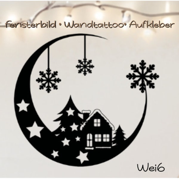 Fensterbild, Glasdekoration Weihnachten, Winter, Mond mit Eiskristallen, Haus