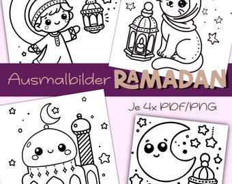 Ramadan Ausmalbilder für Kinder – 4x Malvorlagen zum Ausdrucken (PDF/PNG) | Ramadan Malbuch | Muslimische Ausmalbilder | Sofortiger Download