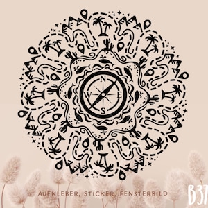 May include: Black and white compass mandala design featuring palm trees, mountains, and a compass rose. The design is ideal for a sticker, decal, or wall art.