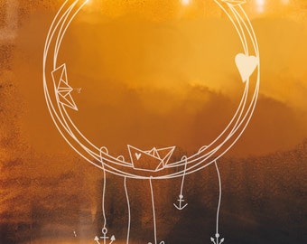 May include: A white outline of a dreamcatcher with paper boats and hearts hanging from it. The dreamcatcher is drawn on a foggy window with a warm orange glow behind it.