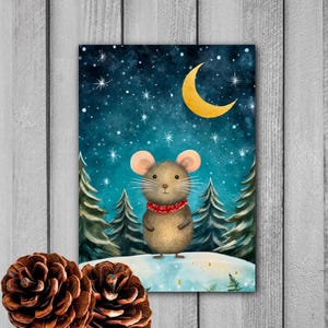Carte postale motif hiver, souris sous la lune, petite souris, Noël