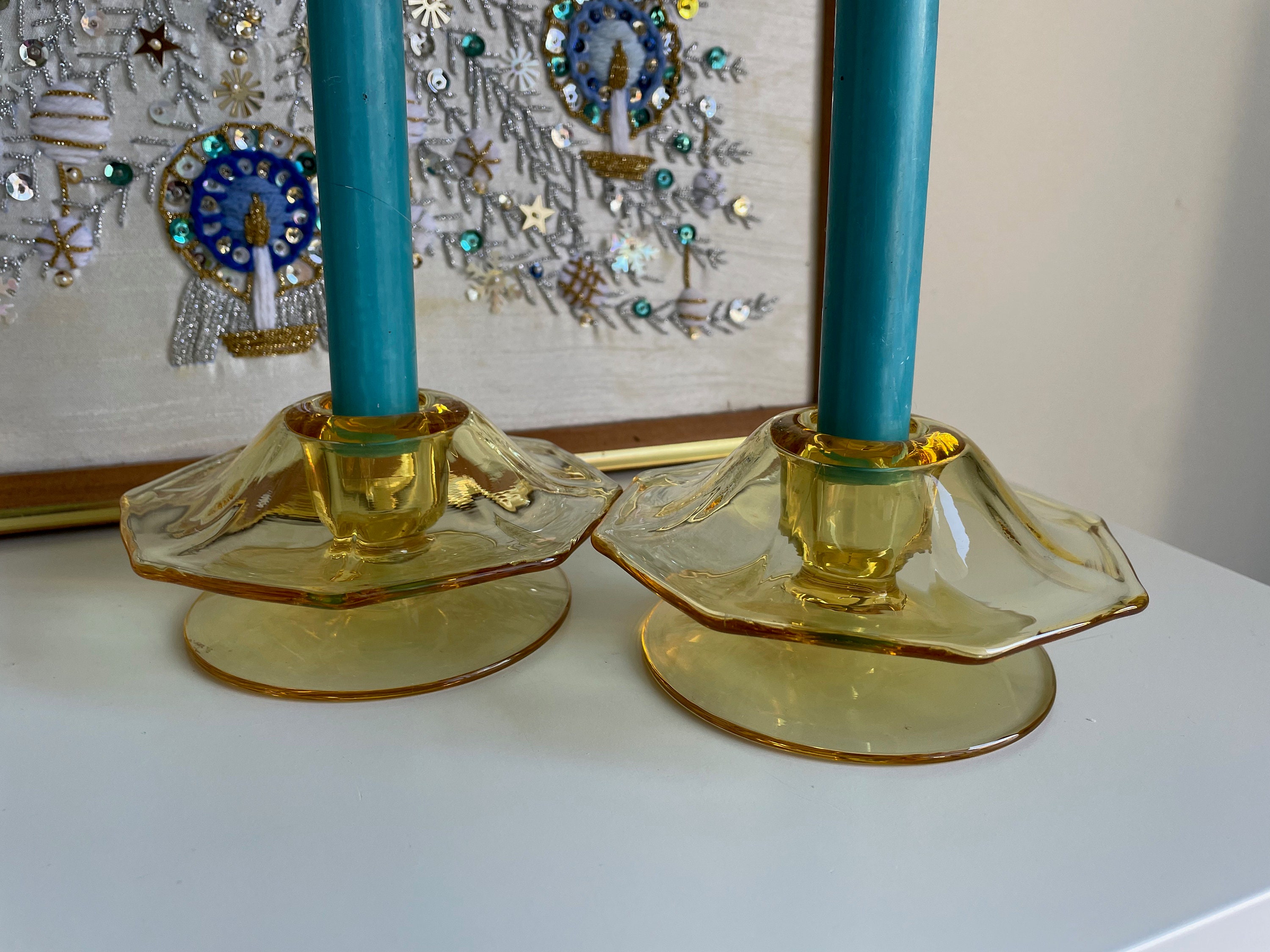 Vintage Heisey Yellow Depression Glass Umbrella Candlestick Etsy