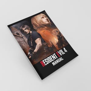 Peut inclure: Manuel de Resident Evil 4 avec une couverture noire, pr&eacute;sentant des personnages et le titre du jeu. Le titre est en rouge et blanc. L'image montre deux personnages dans une sc&egrave;ne sombre et pleine d'action.