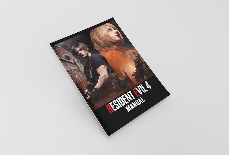Peut inclure: Manuel de Resident Evil 4 avec une couverture noire, pr&eacute;sentant des personnages et le titre du jeu. Le titre est en rouge et blanc. L'image montre deux personnages dans une sc&egrave;ne sombre et pleine d'action.