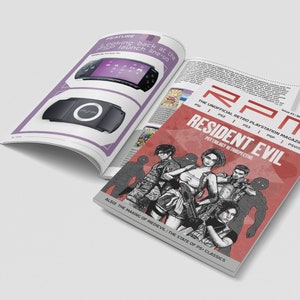 Op de afbeelding: Een tijdschriftcover met een rode achtergrond en een zwart-witte illustratie van personages uit de Resident Evil-videogameserie. De titel van het tijdschrift is "RPM" en de ondertitel is "The Unofficial Retro Playstation Magazine". De cover bevat ook de tekst "Resident Evil PST for the Retropective".