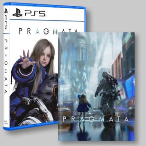 Op de afbeelding: PS5-gamecase en cover art voor "Pragmata". De case is blauw met het PS5-logo. De cover art toont een jonge vrouw in een blauw en zilverkleurig outfit en een futuristische scène met een meisje en een soldaat. De titel van de game wordt weergegeven.