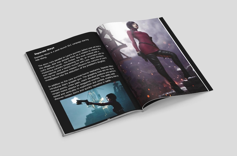 Peut inclure: Un livre ouvert avec une couverture noire et des pages blanches. La page de gauche porte le titre "Separate Ways" et la page de droite pr&eacute;sente une femme en tenue rouge. Une petite image sur la page de gauche montre une femme tenant une arme.