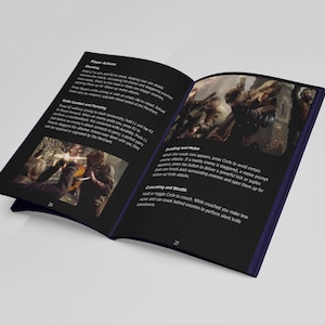 Peut inclure: Livre ouvert avec des pages noires, pr&eacute;sentant des instructions de jeu et des photos d'action. La page de gauche affiche du texte sur les actions du joueur et le combat au couteau. La page de droite montre une sc&egrave;ne de bataille.