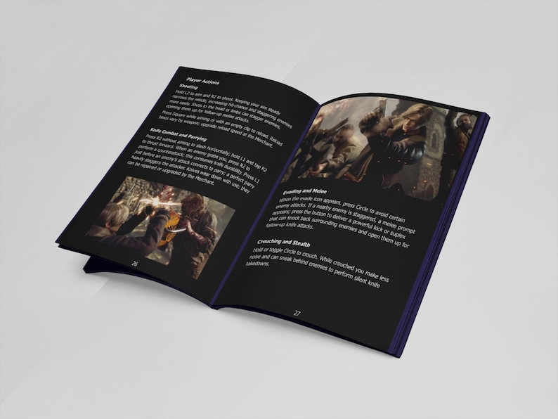 Peut inclure: Livre ouvert avec des pages noires, pr&eacute;sentant des instructions de jeu et des photos d'action. La page de gauche affiche du texte sur les actions du joueur et le combat au couteau. La page de droite montre une sc&egrave;ne de bataille.