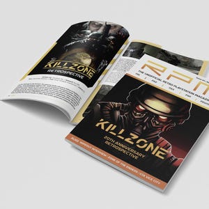 以下が含まれることがあります： 「Killzone」の回顧録が掲載された開いた雑誌。表紙には、未来的な兵士のグラフィックと「Killzone 20th Anniversary Retrospective」の文字が描かれています。「The Unofficial Retro Playstation Magazine」というタイトルの雑誌です。