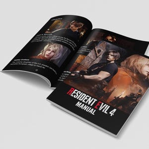 May include: A Resident Evil 4 manual with character images and the game's title in red and white. The open book shows character portraits and text on a black background. The cover features a collage of characters.