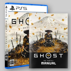 May include: A PS5 game case and manual for "Ghost of Tsushima." The cover art features a samurai in traditional attire, with a mountain backdrop and falling leaves. The manual is black with white text.