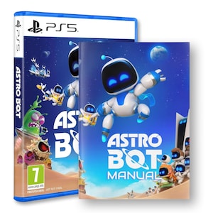 Puede incluir: Una caja de juego de video Astro Bot azul y blanca con un logotipo de PlayStation 5 azul. La caja tiene una imagen de Astro Bot en la parte delantera con las palabras "ASTRO BOT MANUAL" en texto blanco.