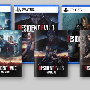 Peut inclure: Plusieurs bo&icirc;tiers de jeux PlayStation 5 et manuels sont pr&eacute;sent&eacute;s. Les bo&icirc;tiers de jeux ont un bord bleu et pr&eacute;sentent des illustrations pleines d'action. Les manuels sont noirs avec du texte rouge. Les jeux incluent Resident Evil 2, 3 et 4.