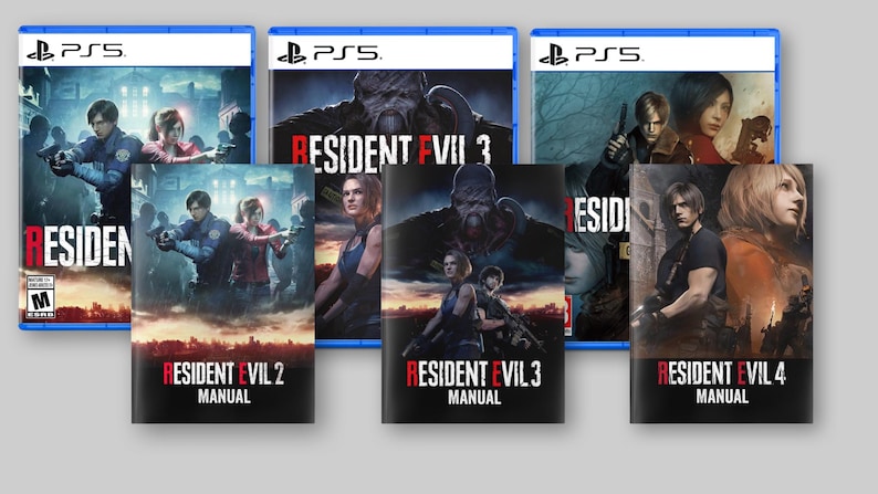 Peut inclure: Plusieurs bo&icirc;tiers de jeux PlayStation 5 et manuels sont pr&eacute;sent&eacute;s. Les bo&icirc;tiers de jeux ont un bord bleu et pr&eacute;sentent des illustrations pleines d'action. Les manuels sont noirs avec du texte rouge. Les jeux incluent Resident Evil 2, 3 et 4.