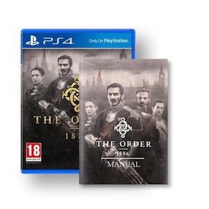 Puede incluir: Una caja de juego de PlayStation 4 y un manual de instrucciones para The Order: 1886. La caja del juego presenta un grupo de personajes con ropa victoriana, con un emblema dorado. El manual presenta una imagen similar con el título "The Order 1886 Manual".