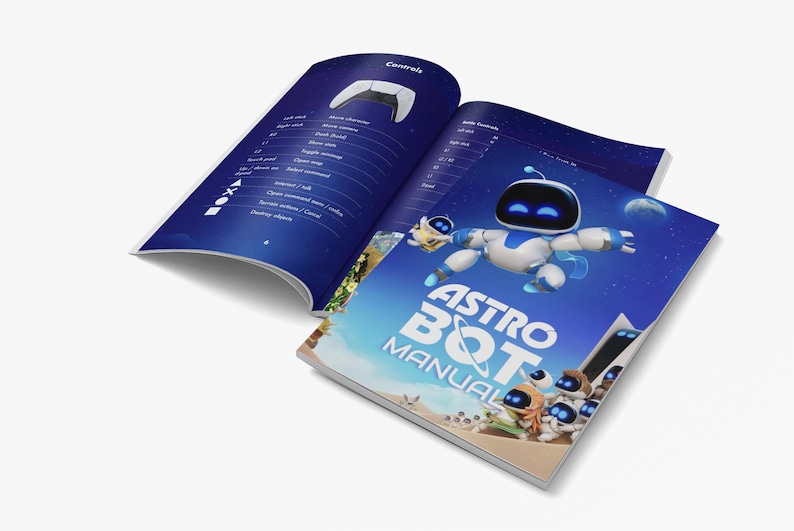 May include: A blue and white Astro Bot game manual with a cartoon robot on the cover. The manual has the title "Astro Bot Manual" in white text on a blue background.