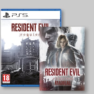 May include: A PS5 game case and manual for "Resident Evil: Requiem." The game case is blue with the PS5 logo and the game title in red. The manual features character art and the game title.
