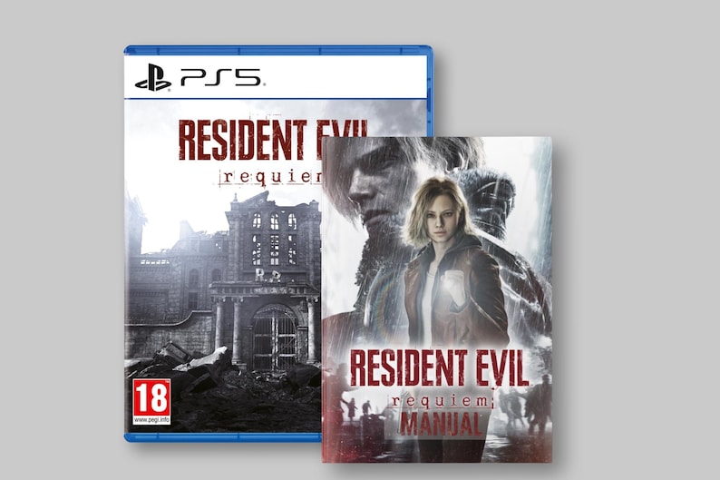 May include: A PS5 game case and manual for "Resident Evil: Requiem." The game case is blue with the PS5 logo and the game title in red. The manual features character art and the game title.