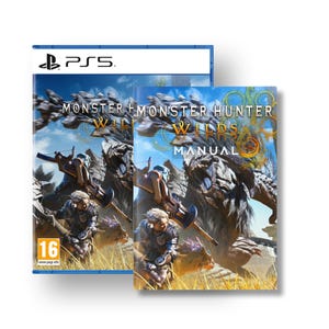 Könnte beinhalten: Ein Monster Hunter Rise Spielgehäuse und eine Bedienungsanleitung. Das Gehäuse ist blau mit dem PlayStation-Logo und dem Spieltitel "Monster Hunter Rise" in Weiß. Die Anleitung ist gelb und zeigt ein Monster und einen Jäger in einer Dschungelkulisse. Die Anleitung trägt den Titel "Monster Hunter Rise" und "Handbuch" in goldenen Lettern.