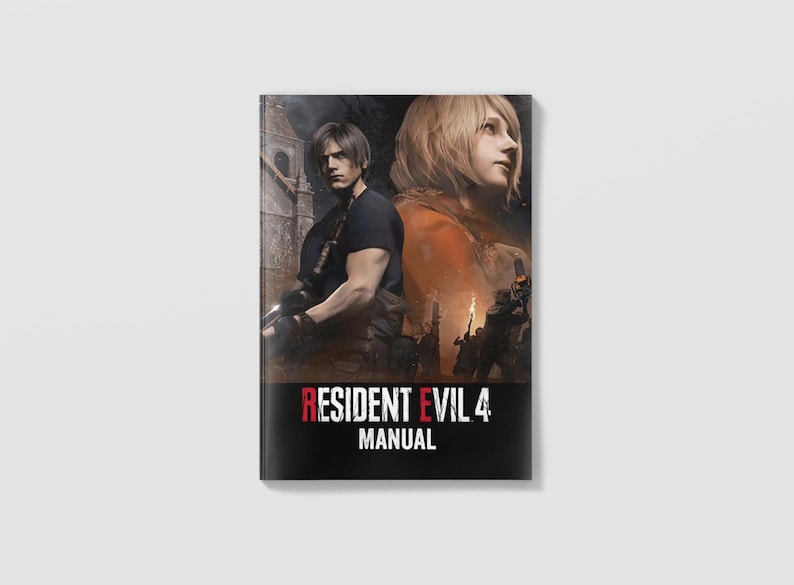 Peut inclure: Manuel du jeu Resident Evil 4. La couverture pr&eacute;sente deux personnages, un homme et une femme, sur un fond sombre. Le titre "RESIDENT EVIL 4 MANUAL" est affich&eacute; en texte rouge et blanc en bas.