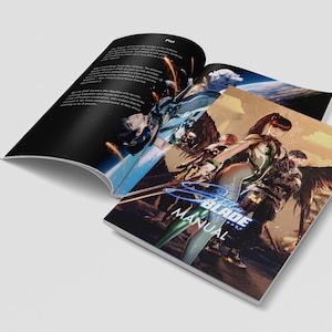 Peut inclure: Un manuel bleu et blanc pour le jeu vid&eacute;o "Sky Blade" avec une image de couverture d'un groupe de personnages dans un d&eacute;cor futuriste.