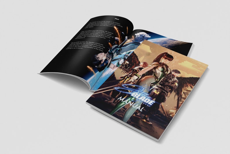 Peut inclure: Un manuel bleu et blanc pour le jeu vid&eacute;o "Sky Blade" avec une image de couverture d'un groupe de personnages dans un d&eacute;cor futuriste.