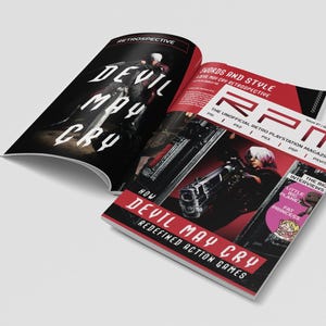 May include: Open magazine with a black and red cover, displaying the text "DEVIL MAY CRY" in white. The magazine is titled "RPM" and focuses on the video game "Devil May Cry". The cover features images of characters and weapons from the game.