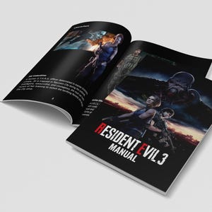 May include: Open manual for Resident Evil 3. The cover features a dramatic image of characters with the game title in red and white. The pages inside show character images and text.