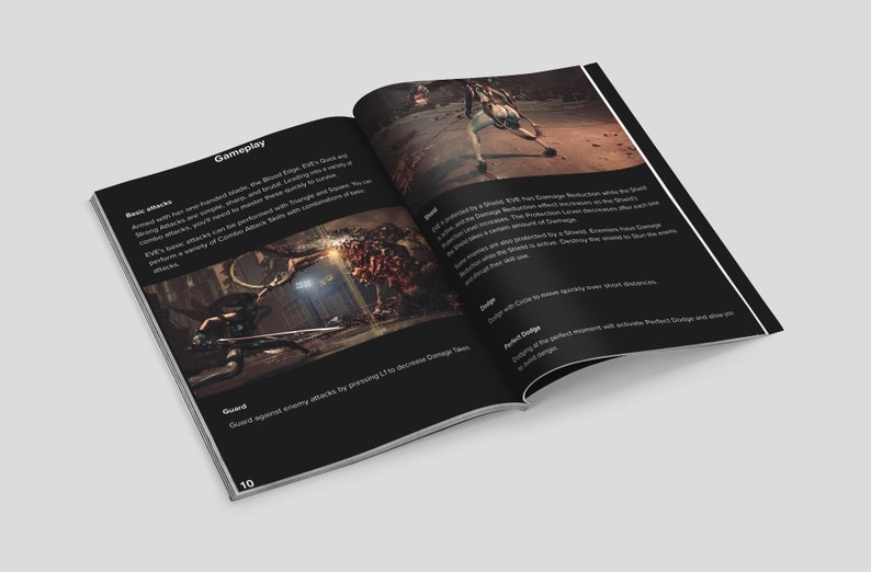 Peut inclure: Une page d'un guide de jeu vid&eacute;o avec du texte noir sur un fond gris fonc&eacute;. Le texte d&eacute;crit les m&eacute;canismes de jeu du jeu, y compris les attaques de base, la garde, l'esquive et l'esquive parfaite. La page pr&eacute;sente une image en noir et blanc d'un personnage dans un environnement sombre et ombrag&eacute;.