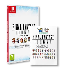 以下が含まれることがあります： Nintendo Switch 用のビデオゲームカートリッジケースで、ファイナルファンタジー I-VI ピクセルリマスターコレクションが収録されています。ケースは青と白で、雪の結晶のデザインが施されています。ゲームは PEGI によって 7 と評価されています。画像には、ゲームのマニュアルも表示されており、タイトルは「ファイナルファンタジー I-VI ピクセルリマスター マニュアル」です。