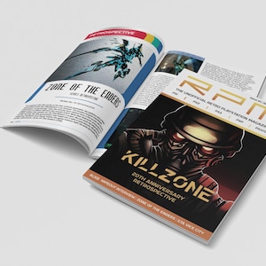 Może przedstawiać: Okładka magazynu przedstawiająca futurystycznego żołnierza w hełmie i masce przeciwgazowej. Magazyn nosi tytuł "R.P.M. The Unofficial Retro Playstation Magazine" i zawiera artykuł o 20. rocznicy gry wideo "Killzone".