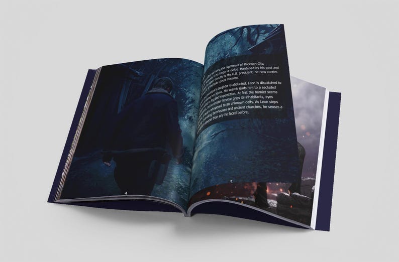 Peut inclure: Un livre ouvert avec des couvertures bleu fonc&eacute;, pr&eacute;sentant une sc&egrave;ne de jeu vid&eacute;o. La page de gauche montre un personnage dans un environnement sombre, tandis que la page de droite contient du texte. Les pages sont l&eacute;g&egrave;rement incurv&eacute;es.
