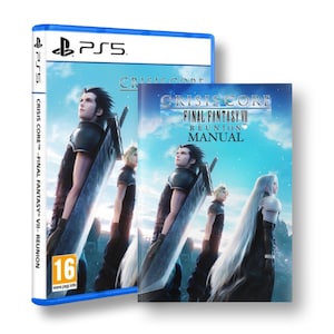 May include: A blue PlayStation 5 game case with a blue and white image of characters from the video game Crisis Core -Final Fantasy VII- Reunion. The game case has a 16+ rating. A blue and white manual for the game is also shown.