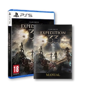 May include: A PlayStation 4 game case and manual for the game "Expedition 33: Clair Obscur". The case is blue with a white PlayStation logo and the game title in gold lettering. The manual is black with the game title in gold lettering and the word "MANUAL" in white lettering.