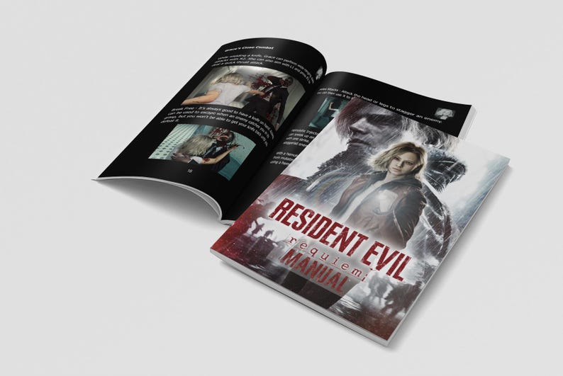 May include: An open book with black pages and a manual titled "RESIDENT EVIL requiem MANUAL" on the cover. The cover features a woman and a man with a blurred background. The open pages show images and text.