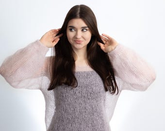 Leichter Kid Mohair Pullover, hauchzarter Mohair Pullover handgestrickt, perlrosa, Pullover aus Kidmohair und Seide, leicht, flauschig