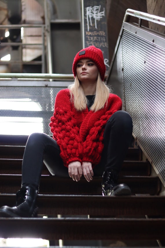 Chunky Strick Cardigan, Bubble Sleeve Cardigan, Pompon Cardi