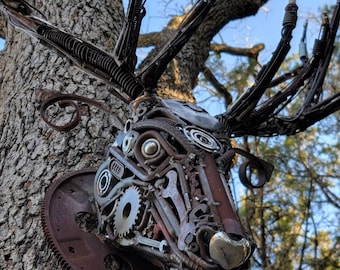 SOLD | Metal Elk Head Scrap Metal Stag Statue Sculpture Mount Made to Order