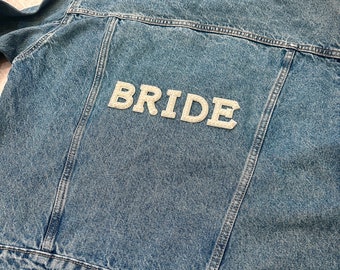 Custom BRIDE jean jacket Personalized adult denim jacket birthday gift bridal shower wedding gift for new bride personalized gift