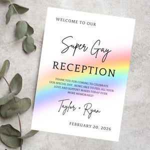 Placa de recepção LGBTQ, modelo de casamento personalizado, placa de festa minimalista