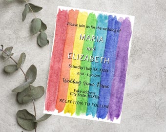 Rainbow Pride LGBTQ Wedding Invitation, Gay Lesbian Editable Wedding Template - Instant Download, Same Sex Marriage Invite