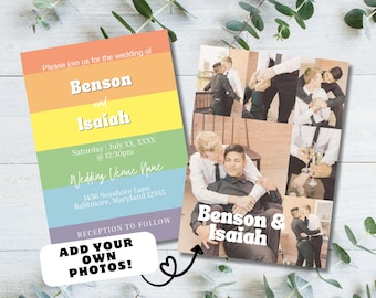 Gay and Lesbian Pride Wedding Invitation, Rainbow LGBTQ Wedding Invitation, Editable Photo Template, Same Sex Marriage Invite