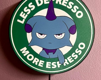 Letrero luminoso RGB inspirado en Palworld con el lema «Menos depresión, más espresso» – Lámpara de pared gamer con meme de café de 30 cm