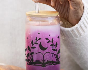 Bookish Glass Cup 16oz | Moon and Stars Iced Coffee Cup with Bamboo Lid & Glass Straw | Aesthetic Book Lover Gift | Witchy Tumbler
